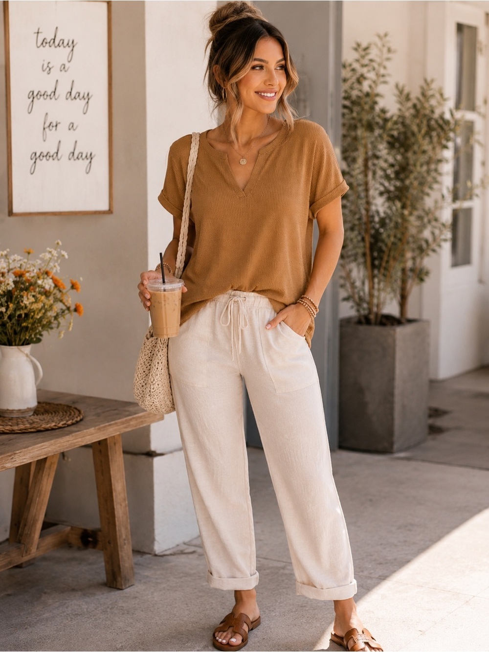 New Zenana Waffle Knit VNeck Top Camel Short Sleeve Boho Casual Boutique Sz: S-L